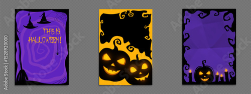 Halloween social media frame templates - purple witch hat poster with spider web, orange jack o lantern border design, spooky pumpkin and candle invitation cards for October holiday party posts.