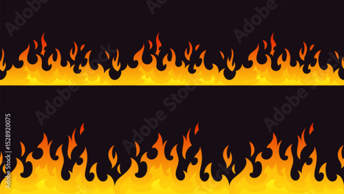 Fire border silhouette seamless pattern - orange yellow flames on black background, burning edge design with gradient heat effect, horizontal blaze decoration, hot danger warning strips dividers.