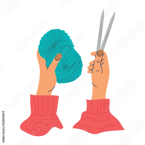 Knitting. Hands hold a knitted fabric on the needles. Hobby, handmade, handicraft.