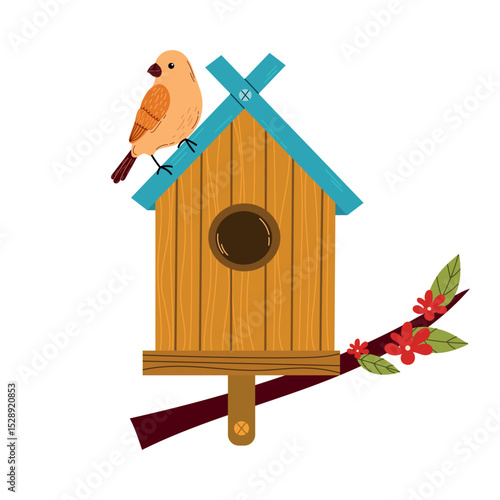 Birdhouse with a bird.Isolated vector illustration of a birdhouse with a cute bird and budding flowers on a white background, whimsical and inviting, symbolizing spring.