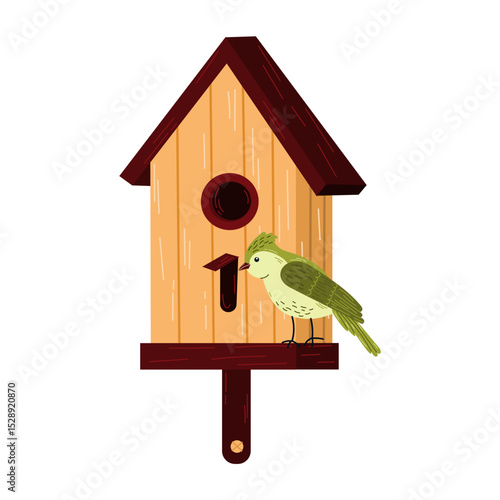 Birdhouse with a bird.Isolated vector illustration of a birdhouse with a cute bird and budding flowers on a white background, whimsical and inviting, symbolizing spring.