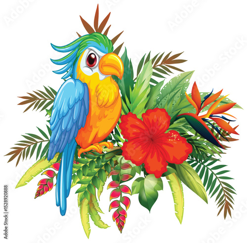 Colorful Bird with Tropical Floral Arrangement