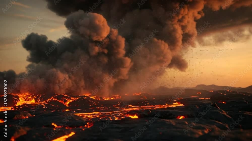 Dramatic volcanic eruption with flowing lava and billowing smoke at sunset creates a spectacular geological display Dramatic volcanic eruption with flowing lava and billowing smoke at sunset creates a spectacular geological display