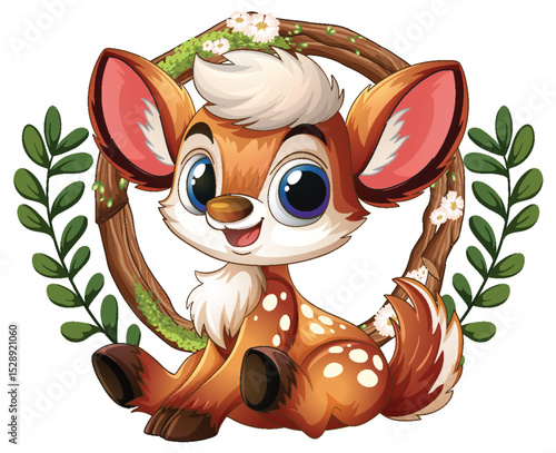 Cute Cartoon Fawn in Floral Wreath