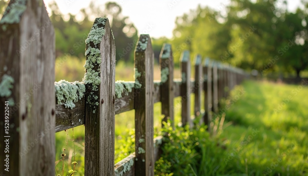Fototapeta premium Rustic Wooden Fence Covered in Moss in a Sunny Field A picturesque pastoral scene