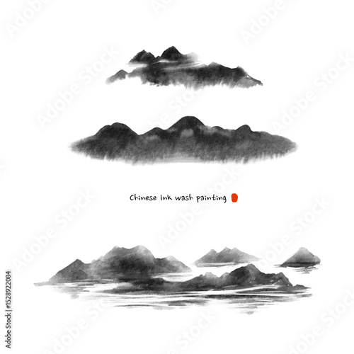 Hand-drawn Chinese ink landscape with misty mountains, river, and traditional brushwork in monochrome tones.