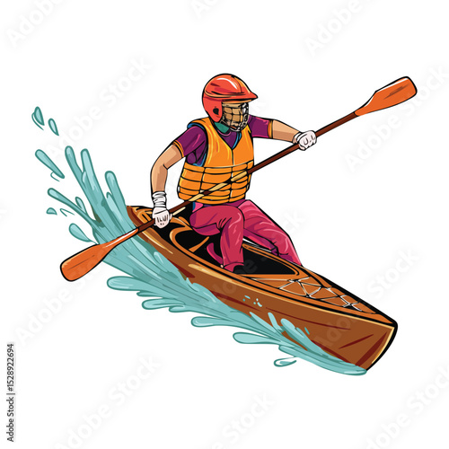 Colorful vector illustration of a canoeist paddling intensely in a race, splashing water