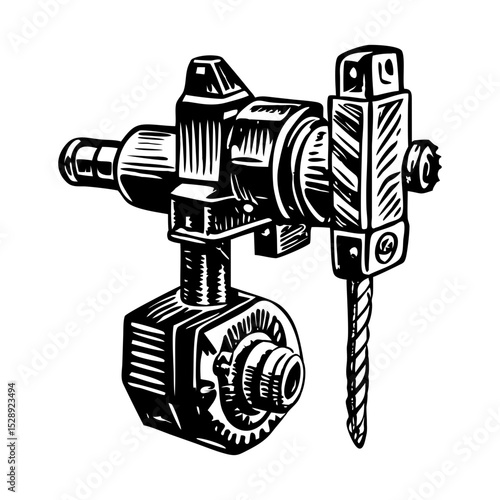 A vintage style illustration depicting crank drill
