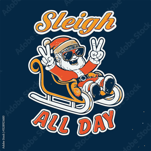 Cool santa claus with sunglasses on a sleigh sleigh all day retro christmas design for holiday celebrations and festive decor
