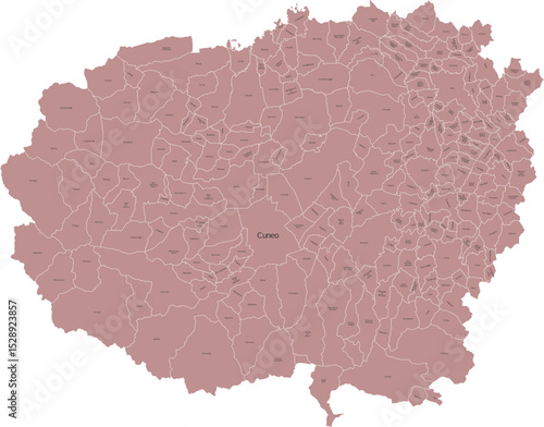 Vector image of the province of Cuneo with separate municipalities and editable labels