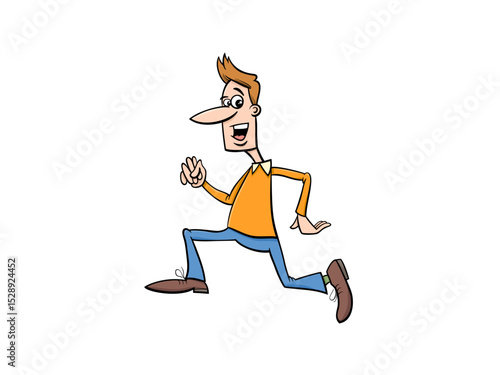 Cartoon man with long nose running quickly in an orange shirt and blue pants