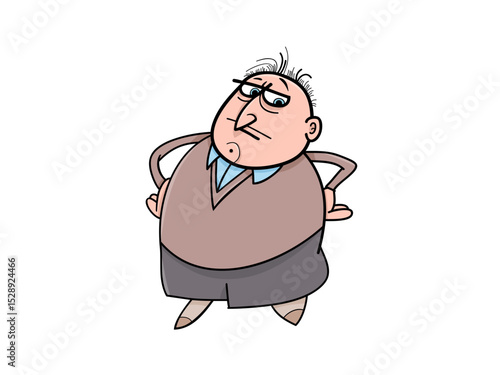 A Cartoon Illustration of a Grumpy Overweight Middle Aged Man Standing with Hands on Hips