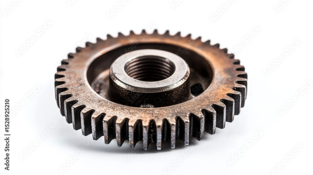 Close-up of a rusty metal gear with visible teeth and a central threaded hole on a white background. Close-up of a rusty metal gear with visible teeth and a central threaded hole on a white background.