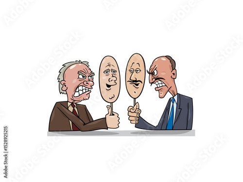 Two businessmen holding masks showing opposite emotions during a conflict