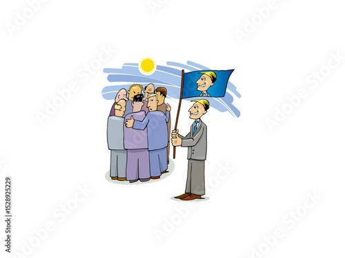 A Group of People Gathered Following a Leader with a Flag