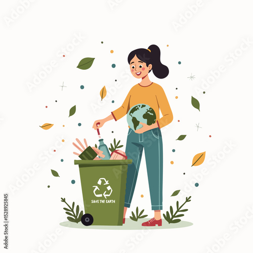 Girl Recycling Trash into Green Bin – Save the Planet Illustration