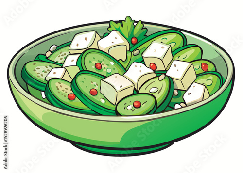 Fresh cucumber and feta salad in a bowl.