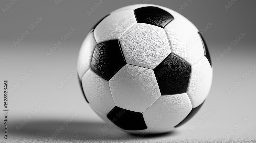 Naklejka premium Classic Black and White Soccer Ball Isolated on White Background with Realistic Shadows, soccer ball, football, product photography, sports equipment, isolated object, white background, clipping pat