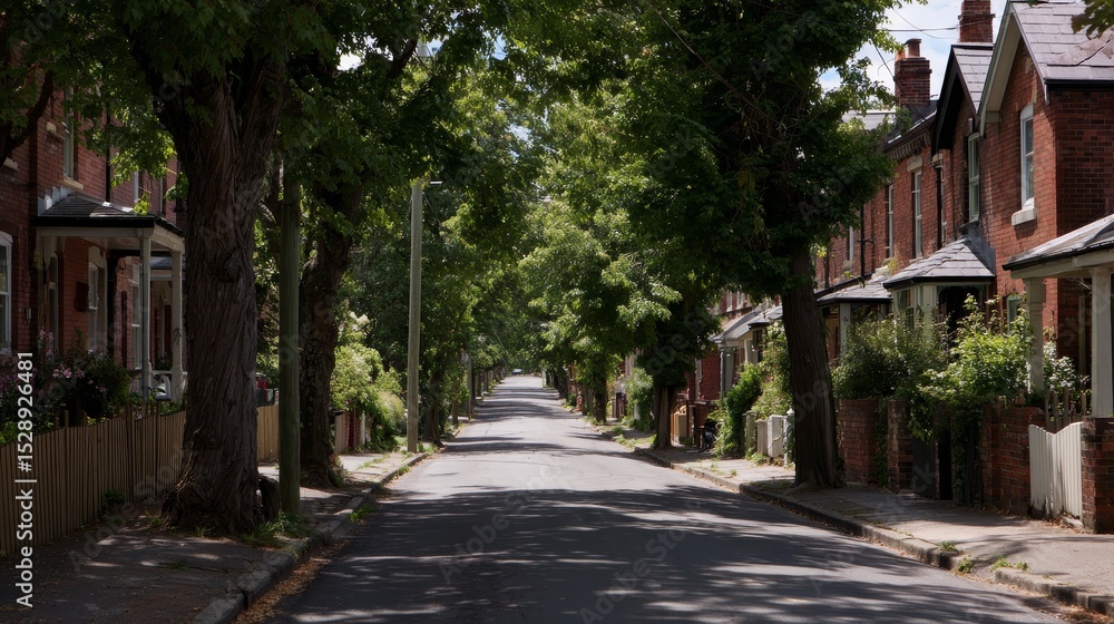 Quiet residential street lined with leafy trees and charming brick houses bathed in warm afternoon sunlight with ample copy space on the right Quiet residential street lined with leafy trees and charming brick houses bathed in warm afternoon sunlight with ample copy space on the right