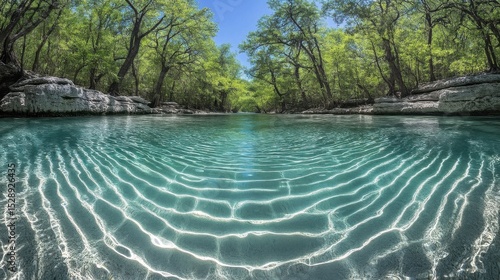 Lush Green Forest Over Clear Water Landscape with Sparkling Sunlight Reflections
