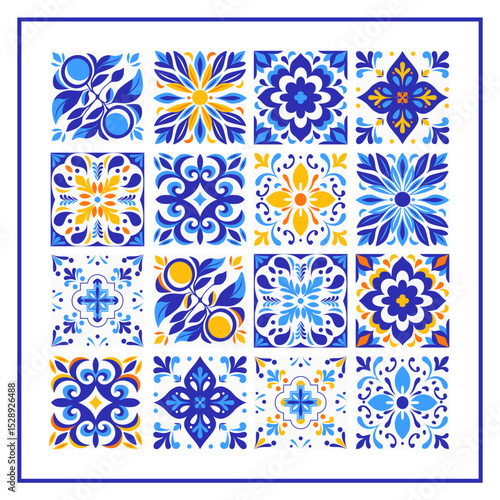 Vector illustration of Italian ceramic pattern of blue and white tiles. Mediterranean porcelain ceramics. Ethnic folk ornament. Mexican talavera, Portuguese azulejo, Spanish majolica. Element for your