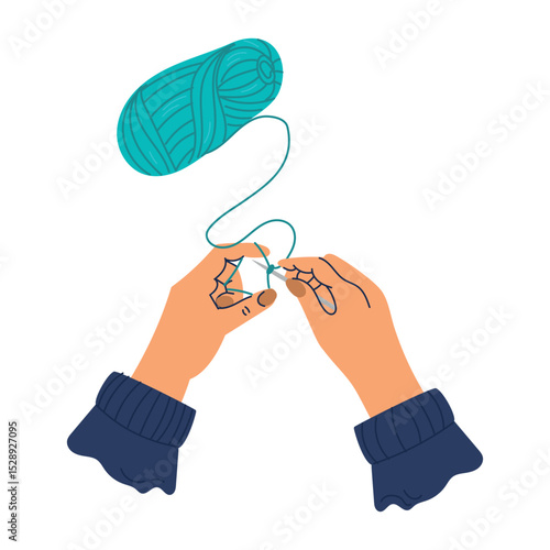 Knitting. Hands hold a knitted fabric on the needles. Hobby, handmade, handicraft.