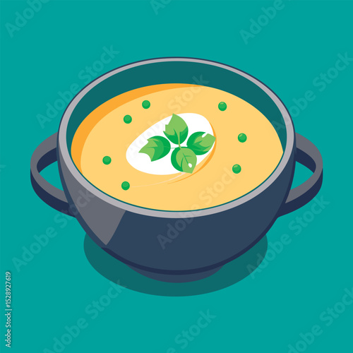 Creamy soup in a bowl. topped with herbs.