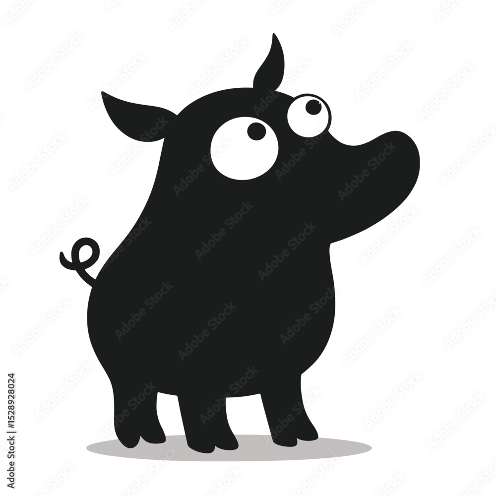 Fototapeta premium Minimalist Black Silhouette Cartoon Pig Vector with Big Eyes and Curly Tail on White Background