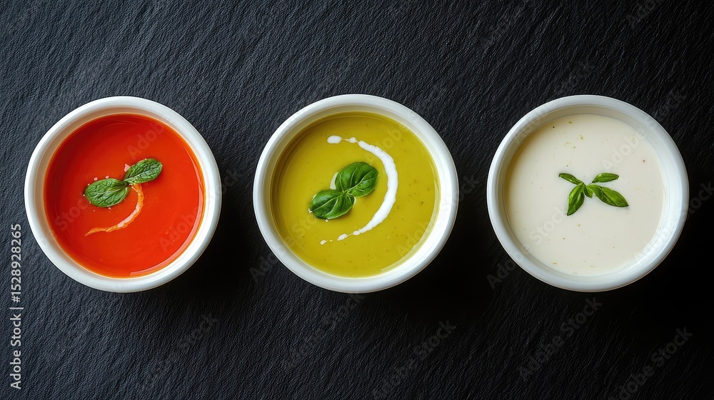 Color palette of cream soups including pumpkin, green pea, and tomato arranged on black stone Color palette of cream soups including pumpkin, green pea, and tomato arranged on black stone