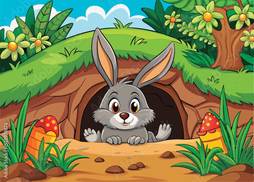 Cute bunny peeks from its burrow.