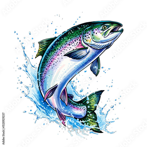 atlantic salmon, leaping salmon, jumping fish, watercolor fish illustration