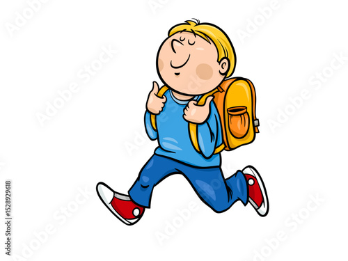 Happy Young Boy With Backpack Walking To School Enthusiastically Ready for Learning Adventures