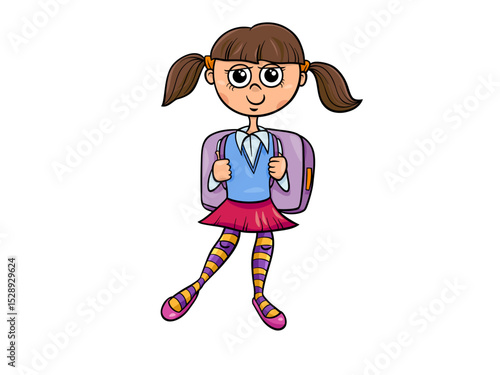 A Young Girl With Pigtails Wearing a School Uniform and Striped Socks Ready for Her First Day
