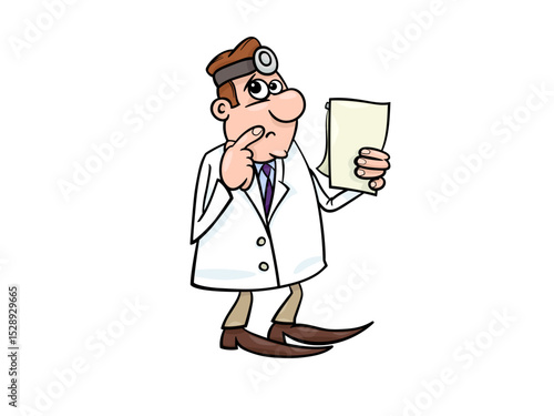 Cartoon doctor reviewing medical records thoughtfully