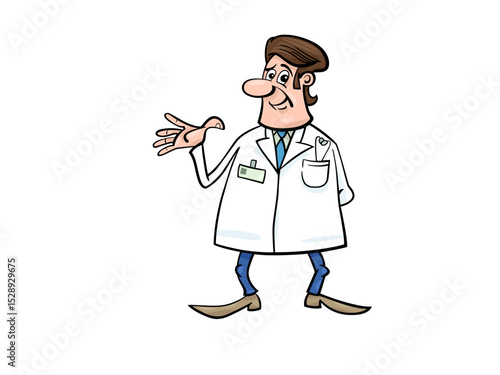 Friendly cartoon doctor in white coat gesturing