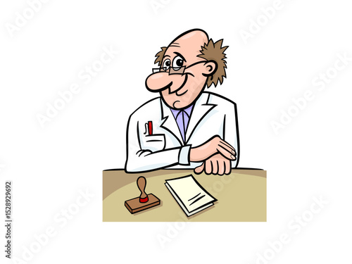 Friendly cartoon doctor at desk with stamp and papers