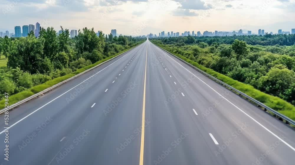 Wide highway weaving through vibrant greenery and city landscape, showcasing transportation freedom. Wide highway weaving through vibrant greenery and city landscape, showcasing transportation freedom.