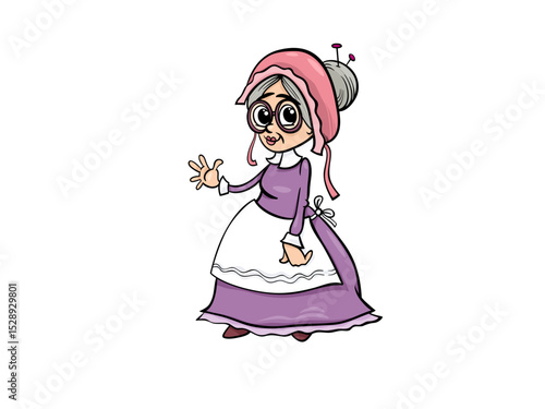 Grandmother Character Illustration Wearing Bonnet and Apron with Knitting Needles in Hair