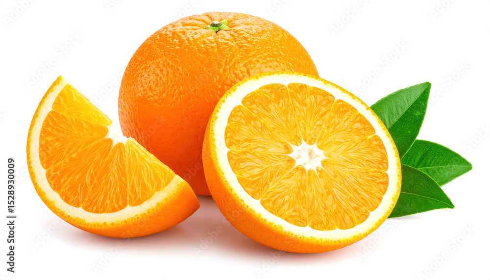 Fototapeta premium Orange fruit isolated on white background Two orange fruits, halved and cut into pieces