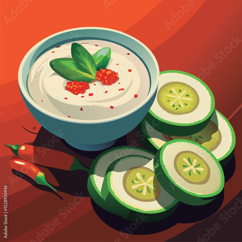 Creamy yogurt dip with cucumber slices.