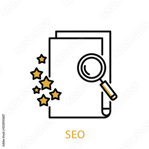 Seo optimization search engine magnifying glass documents stars