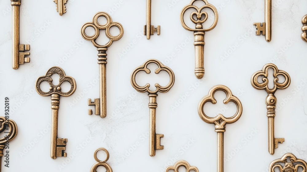 Flat lay of various antique golden keys on white background. Flat lay of various antique golden keys on white background.