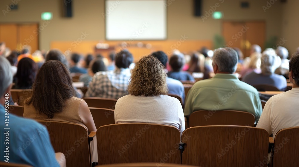 Obraz premium A group of people sitting in a lecture hall, attentively listening to a presentation.
