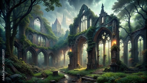 Wallpaper Mural Gothic stone church in the ancient forest, a medieval architectural landmark, stands under the night sky Torontodigital.ca