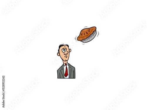 Man in a suit watches a pie flying over his head