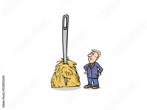 Giant needle in haystack cartoon illustration