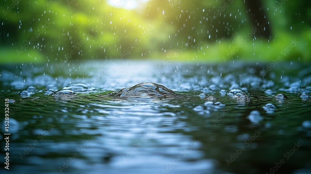 Fototapeta premium Rain Drops Splashing on Water Puddle With Green Forest Background