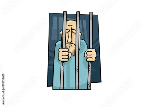 Sad Man Trapped Behind Prison Bars Feeling Lonely and Desperate