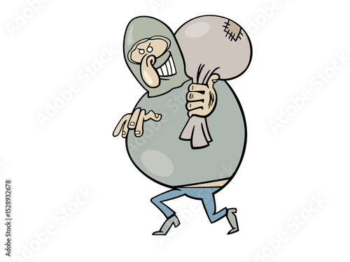 Cartoon burglar with sack on his shoulder running away stealthily