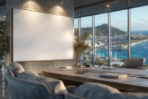 Modern Office Meeting Room with Panoramic City View   Mockup Canvas